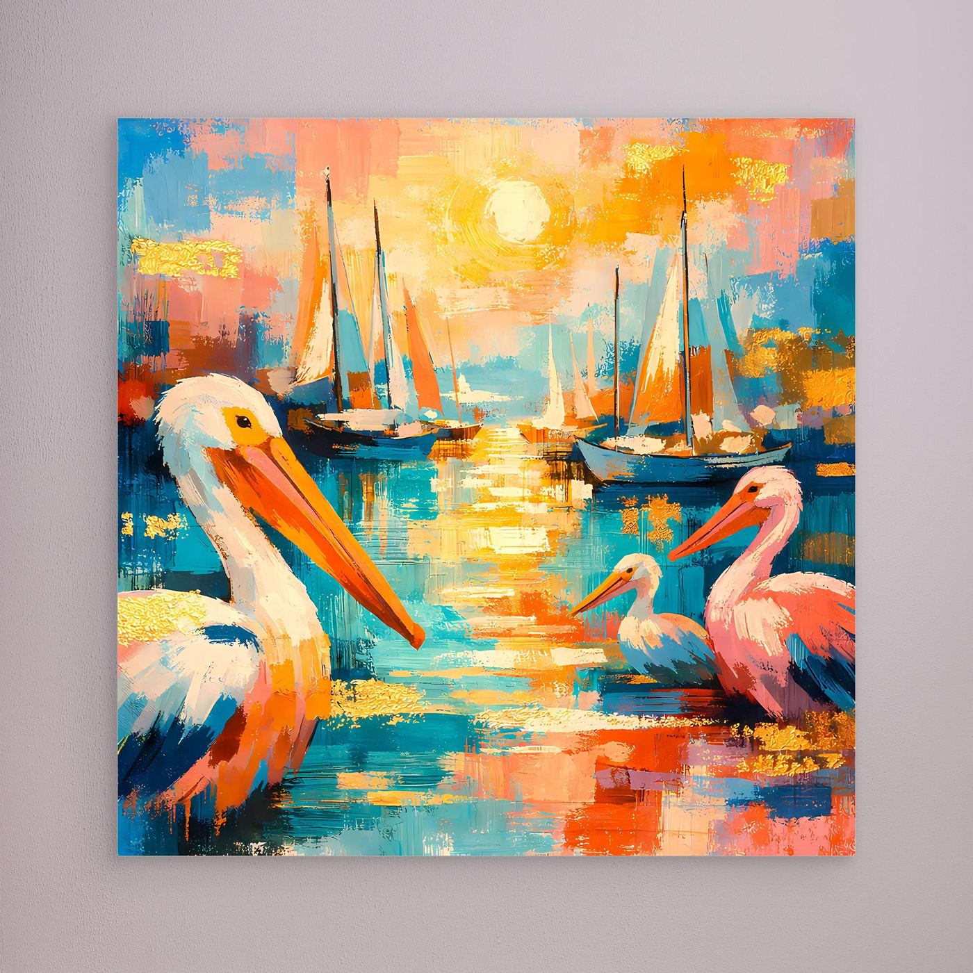 Leinwandbild mit bunten Pelikanen und Segelbooten im Hafen, ohne sichtbaren Rahmen