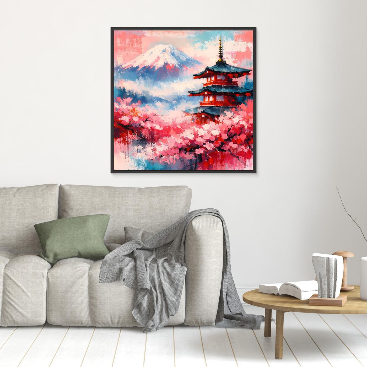 Wanddekoration: Leinwandbild mit Mount Fuji, Pagode und Kirschblüten, schwarz gerahmt