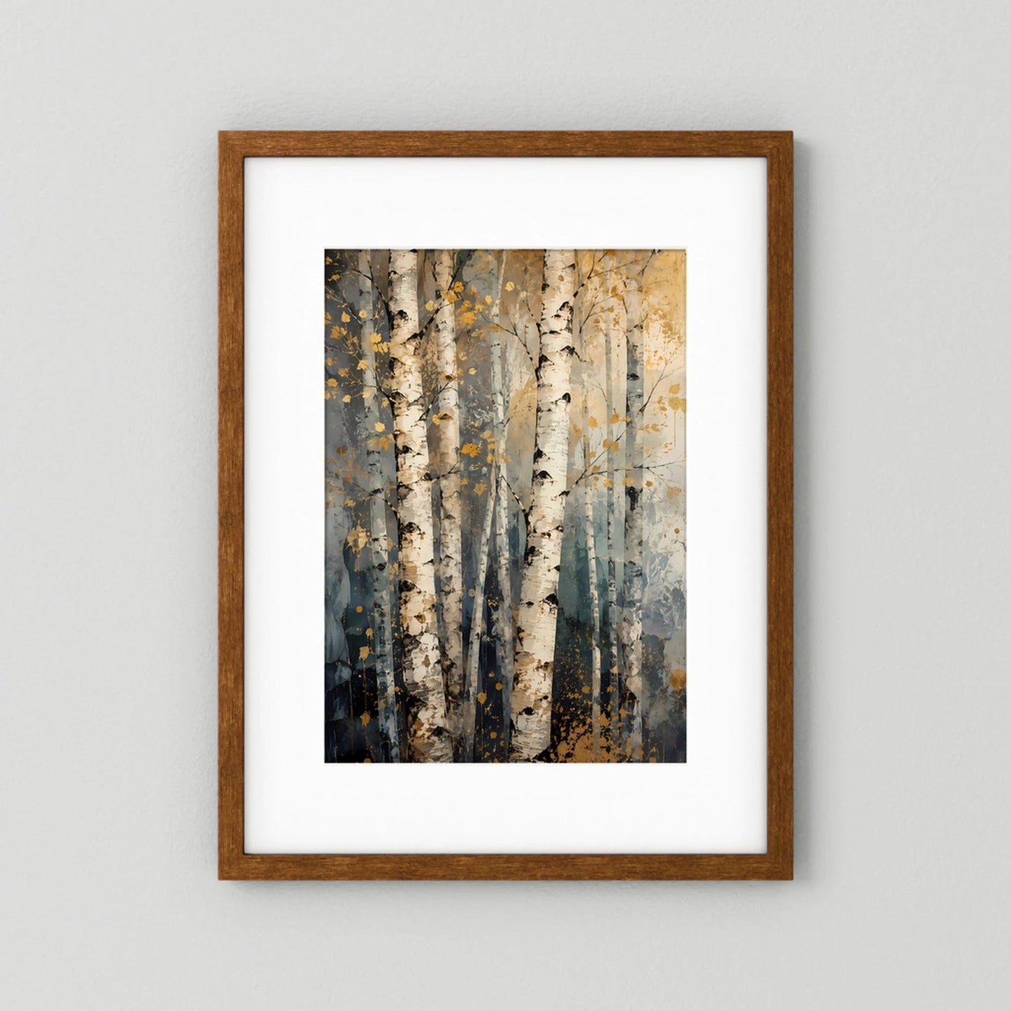 Hochformatiger Posterprint mit abstrakten Birken in Beige, Grau und Blau, brauner Holzrahmen