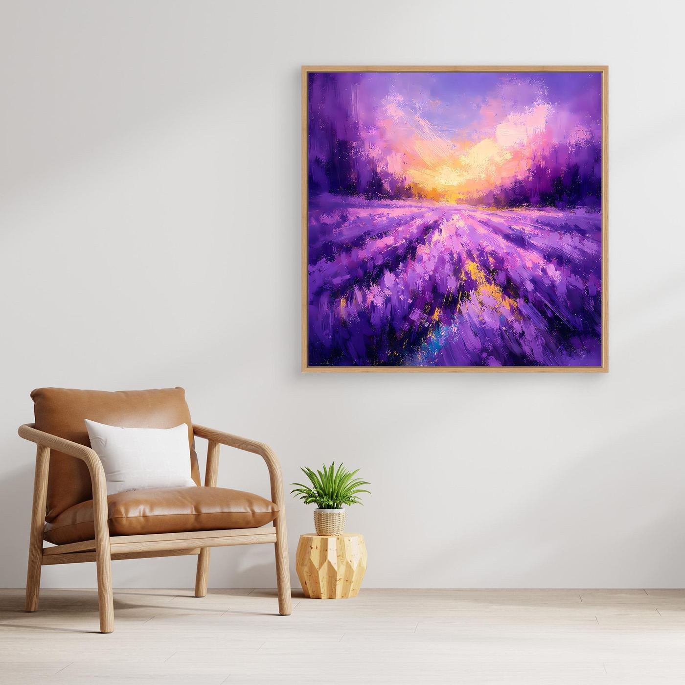 Gerahmtes Leinwand-Wandbild mit violettem Lavendelfeld und leuchtender Sonne im Zentrum