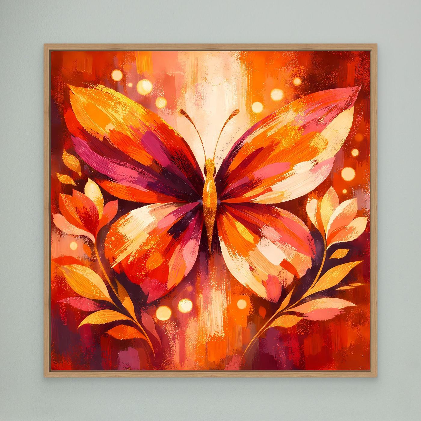 Leinwandbild mit leuchtendem Schmetterling in Orange und Pink, Eichenrahmen.