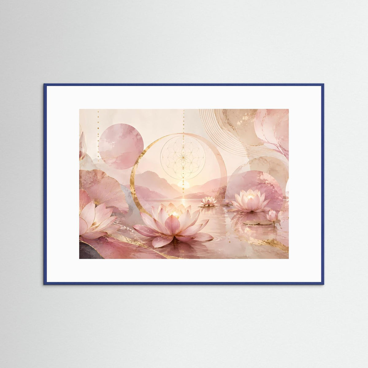 Gerahmtes Querformat-Poster mit rosa Lotusblüten, goldenen Kreisen und sanfter Geometrie