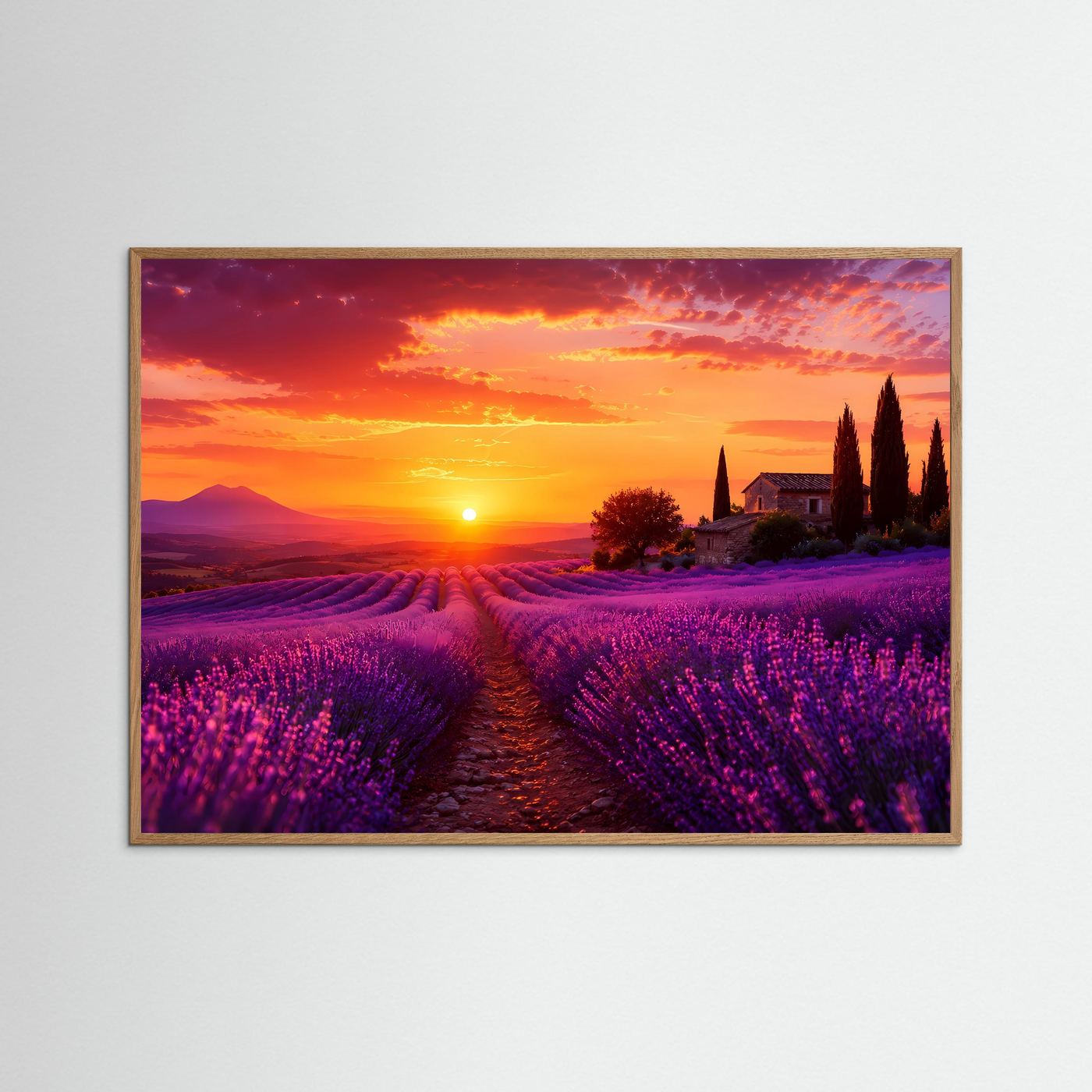 Lavendelfeld bei Sonnenuntergang Poster Querformat | Provence Landschaft in Lila & Orange | Mediterranes Natur Wandbild mit Lavendel