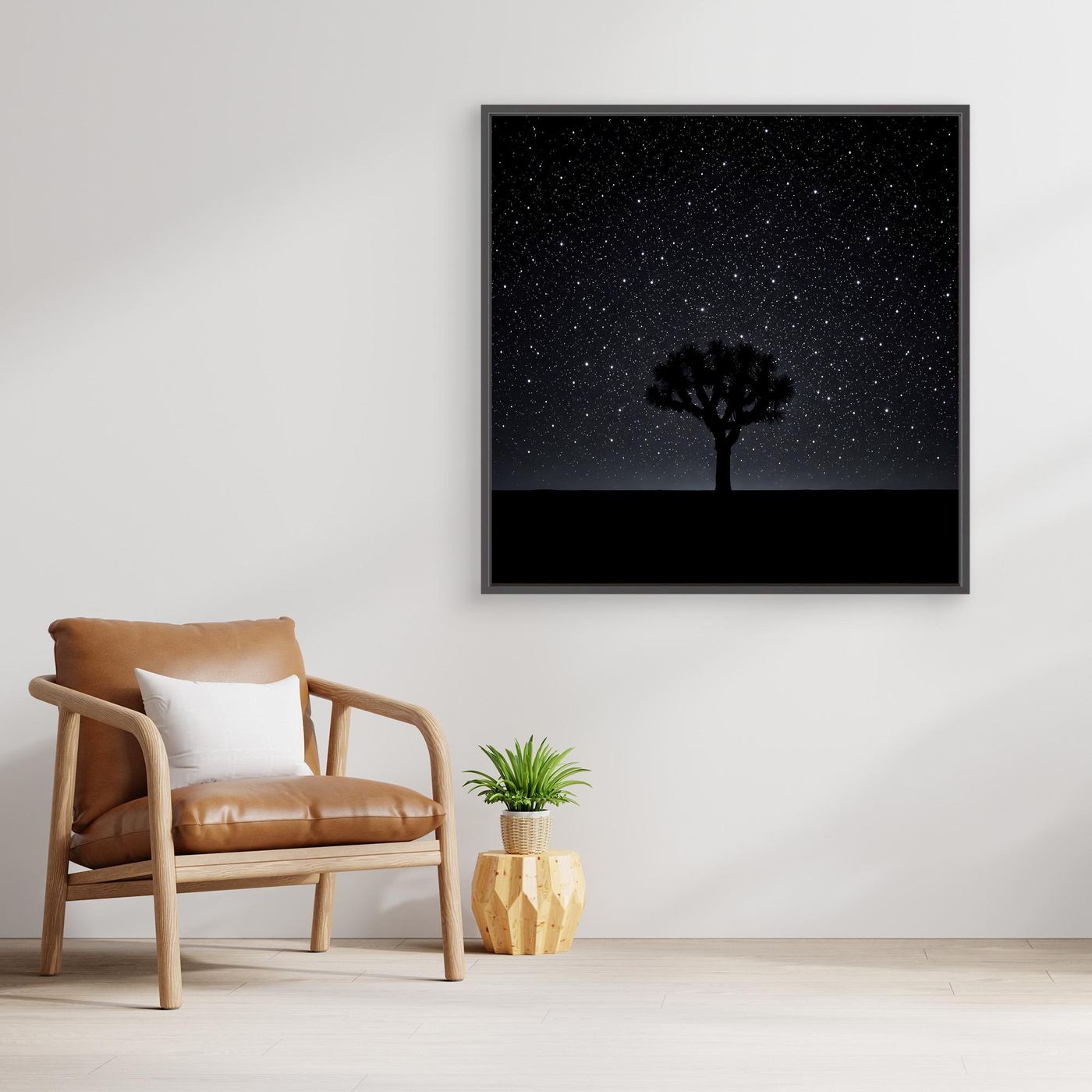 Leinwandbild mit Sternenhimmel über Wüste und Baum-Silhouette, schwarzer Rahmen