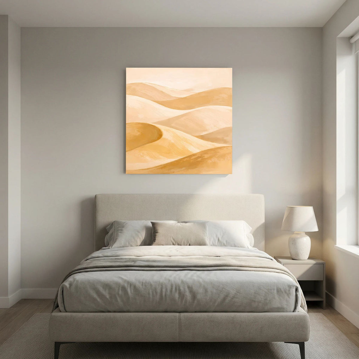 Quadratisches Leinwand-Wandbild mit abstrakter Dünenlandschaft in Hellbeige und warmem Ocker