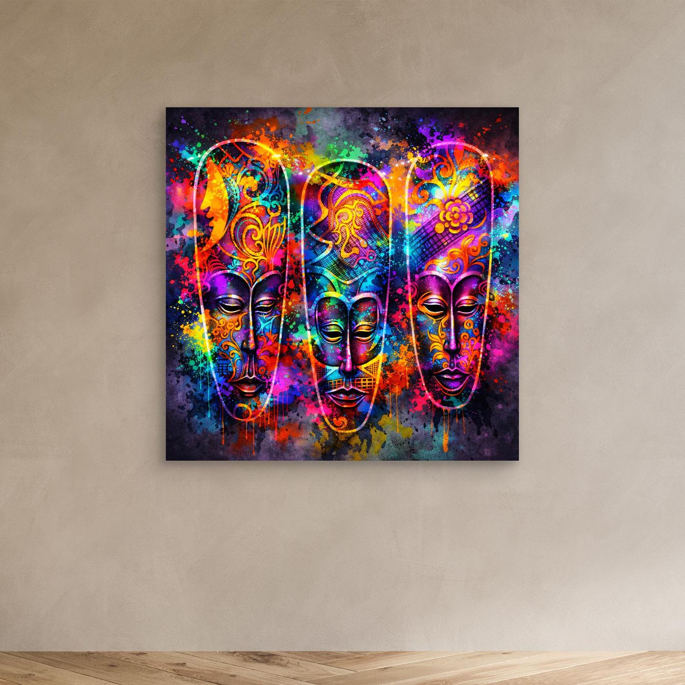 Leinwandbild mit drei bunten Neon-Masken, frontal an der Wand
