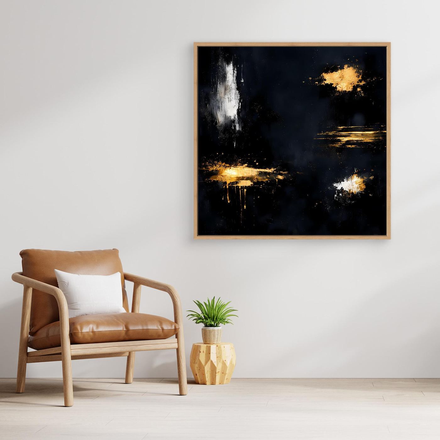 Leinwand Goldene Lichtakzente auf Schwarz | Modernes Abstraktes Minimalismus Wandbild