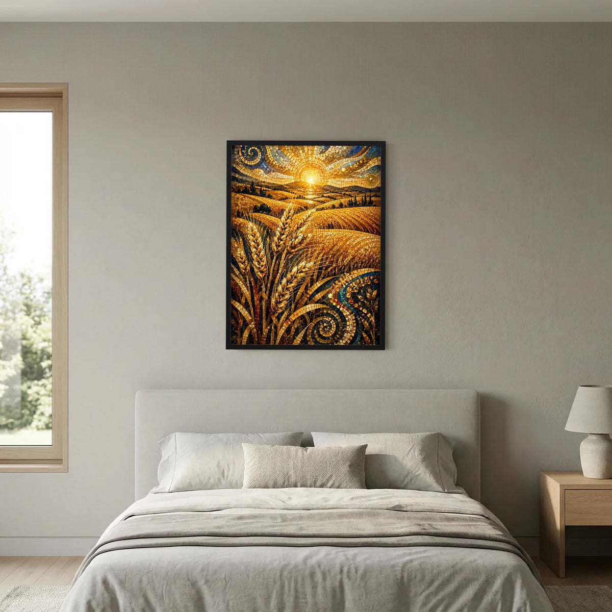 Wandposter mit goldenem Weizenfeld im Mosaikstil und leuchtender Sonnenmitte