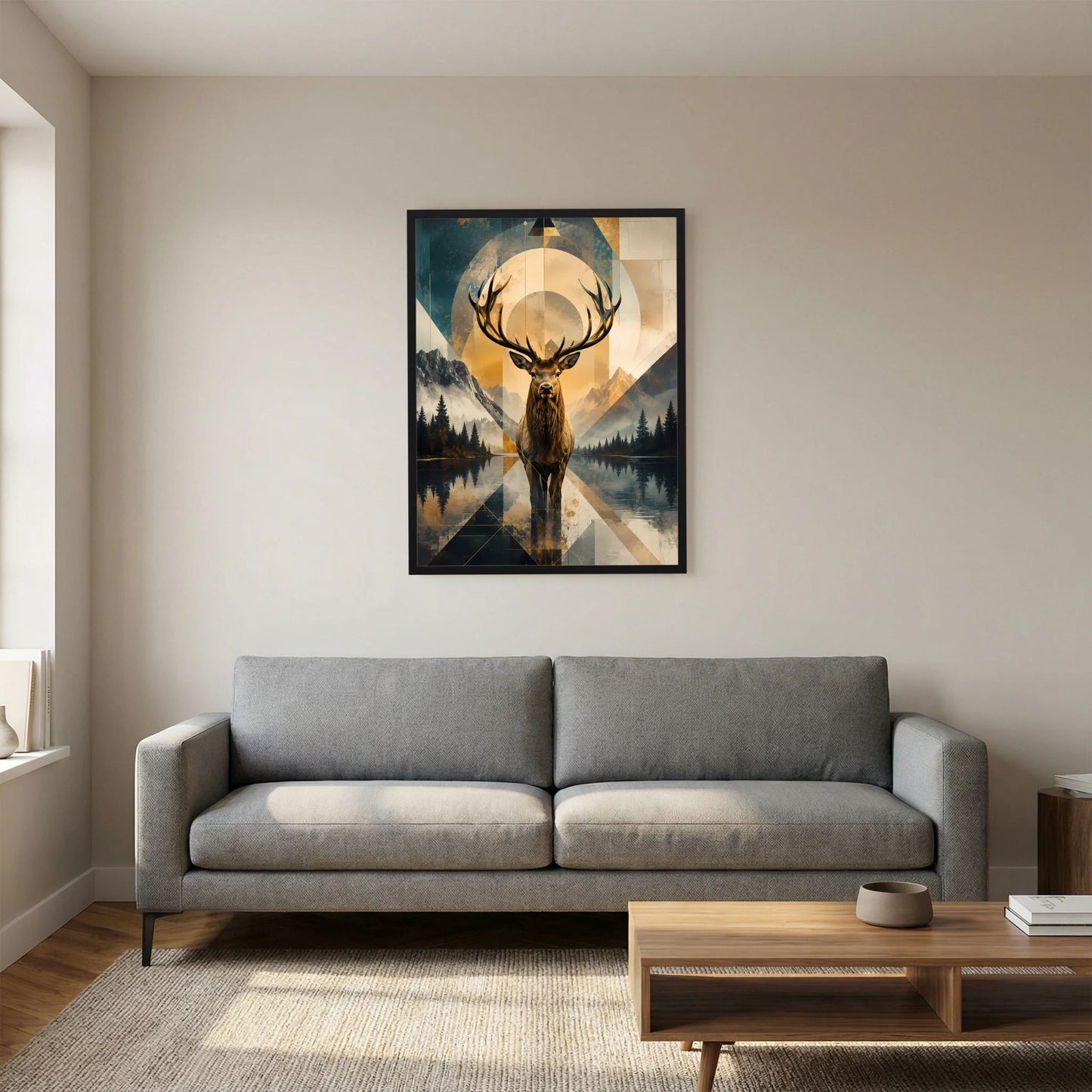 Hirschmotiv-Poster im Hochformat mit goldblauer Berglandschaft, schwarzer Rahmen