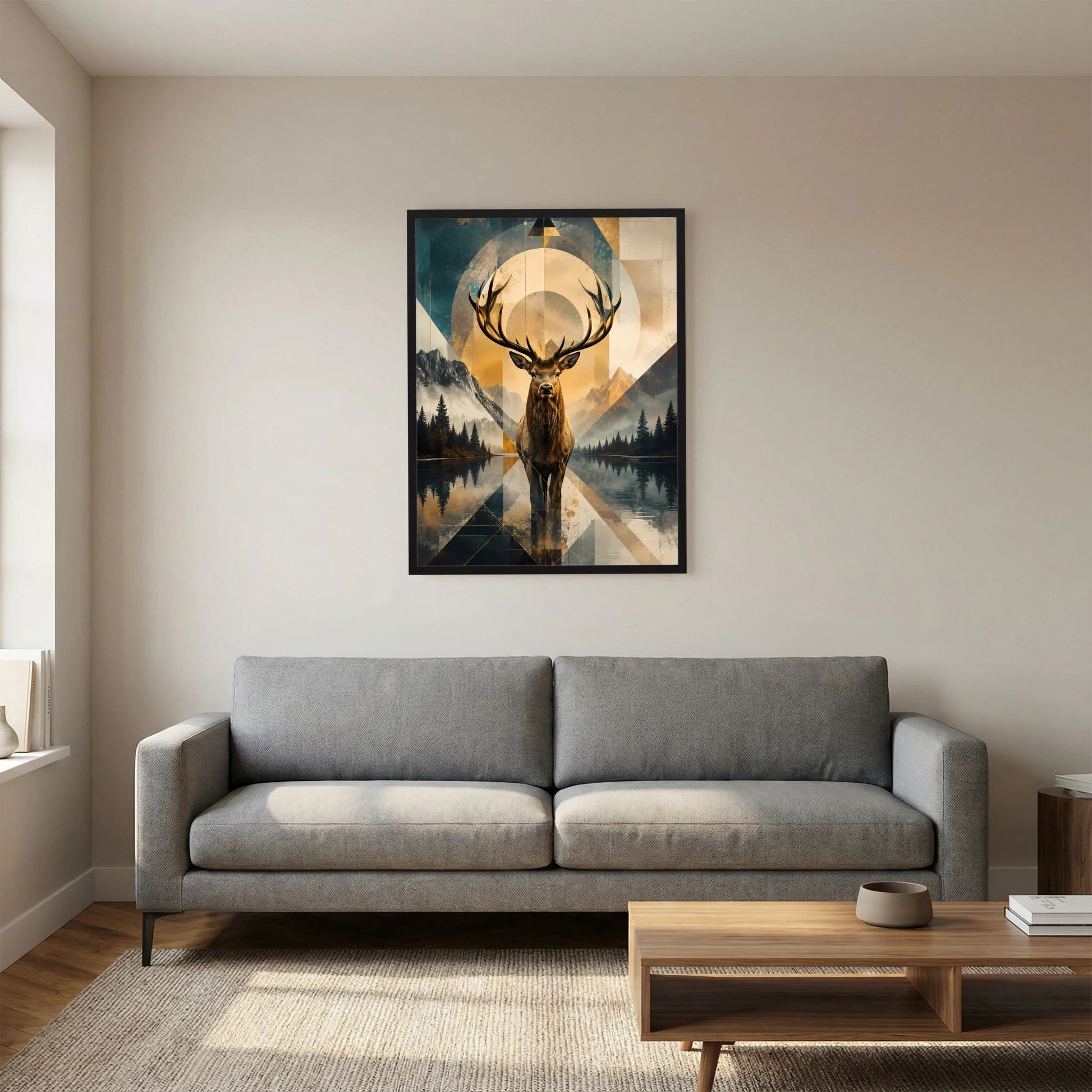 Hirschmotiv-Poster im Hochformat mit goldblauer Berglandschaft, schwarzer Rahmen