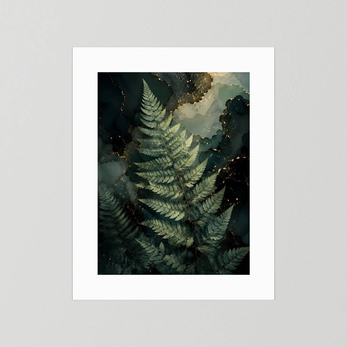 Kunstposter mit Farnmotiv in Dunkelgrün und Gold, ohne Rahmen, mit weißem Rand