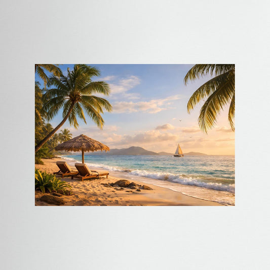 Tropischer Traumstrand bei Sonnenuntergang | Karibik Strand & Segelboot Wandbild Querformat