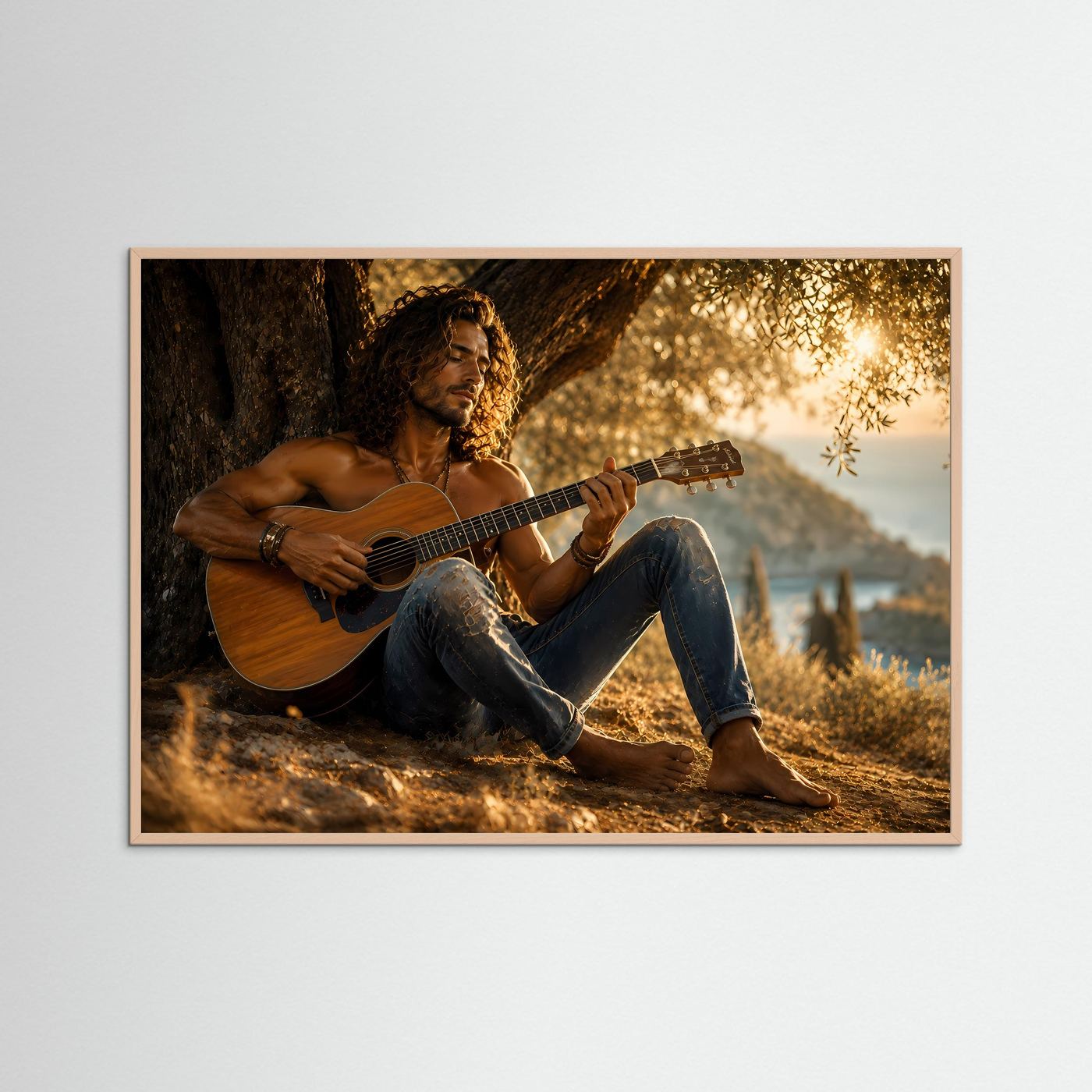 Querformat-Poster mit sitzendem Gitarristen und brauner Akustikgitarre, Holzrahmen