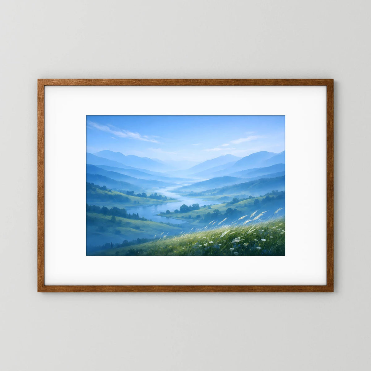 Querformatiges Poster Berglandschaft im Nebeltal mit braunem Rahmen und Passepartout