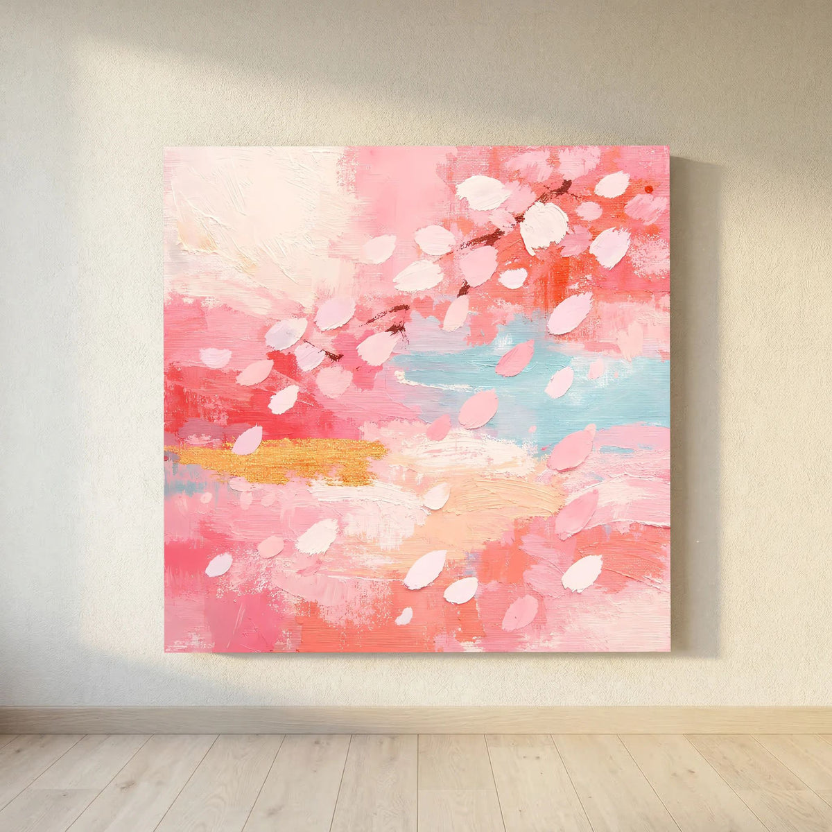 Quadratisches Leinwandbild mit abstrakten Kirschblütenblättern, Pastellrosa und zarter Hellblau-Tönung