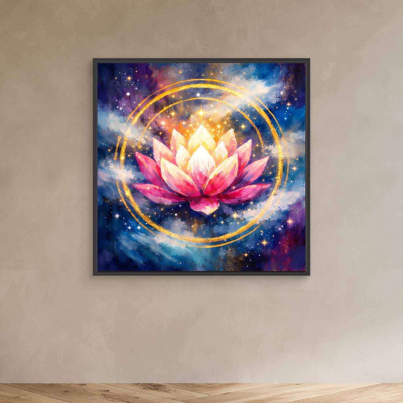 Wandbild mit Lotusblüte, goldenen Kreisen und Sternen im Kosmos, schwarzer Rahmen