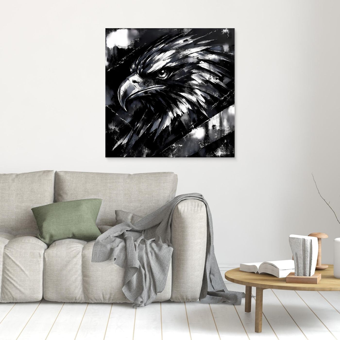 Quadratisches Leinwand-Wandbild mit Adlerkopf in Schwarzweiß, dünner heller Rand