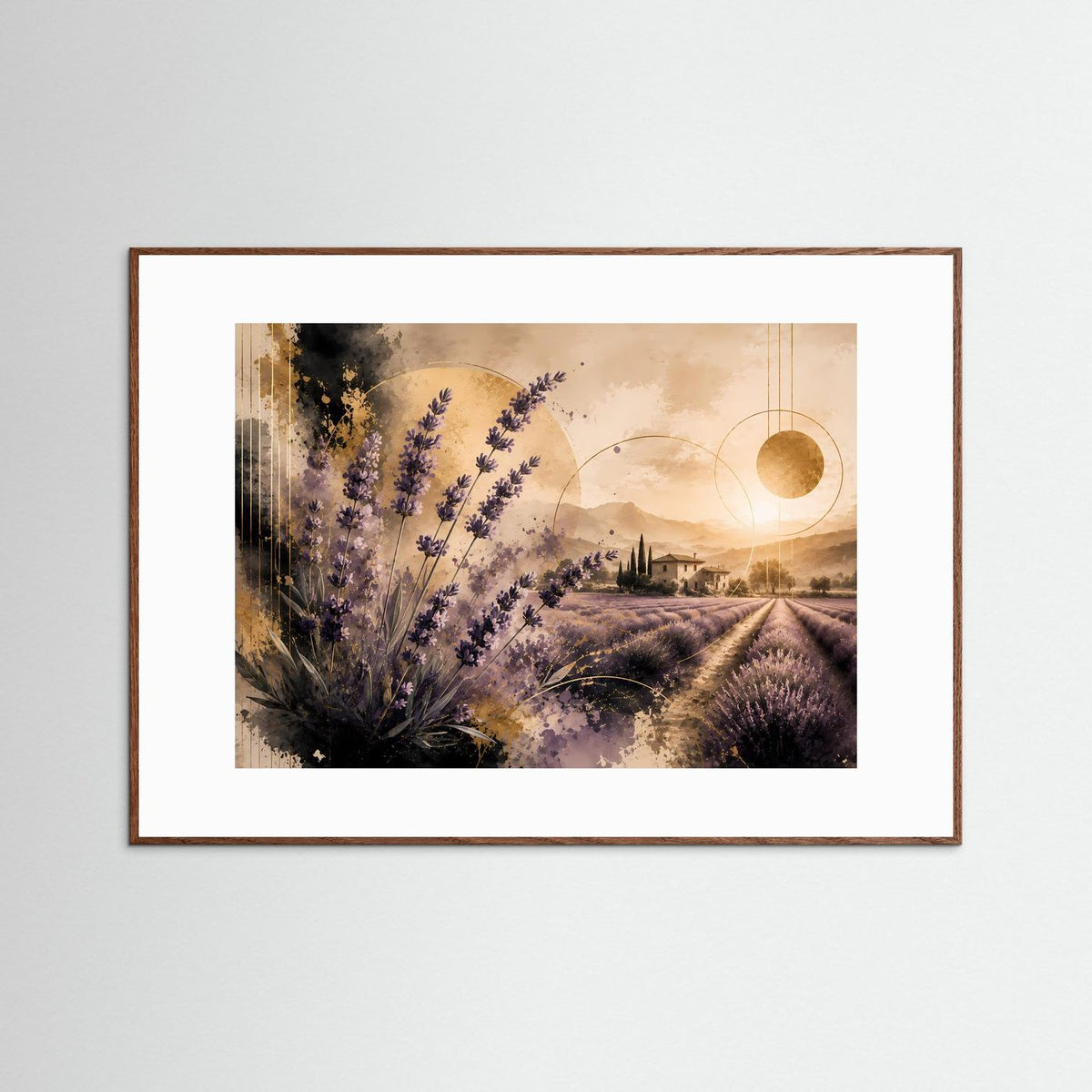 Gerahmtes Querformat-Poster mit Lavendelfeld, lila Blütenreihen und goldenem Mond