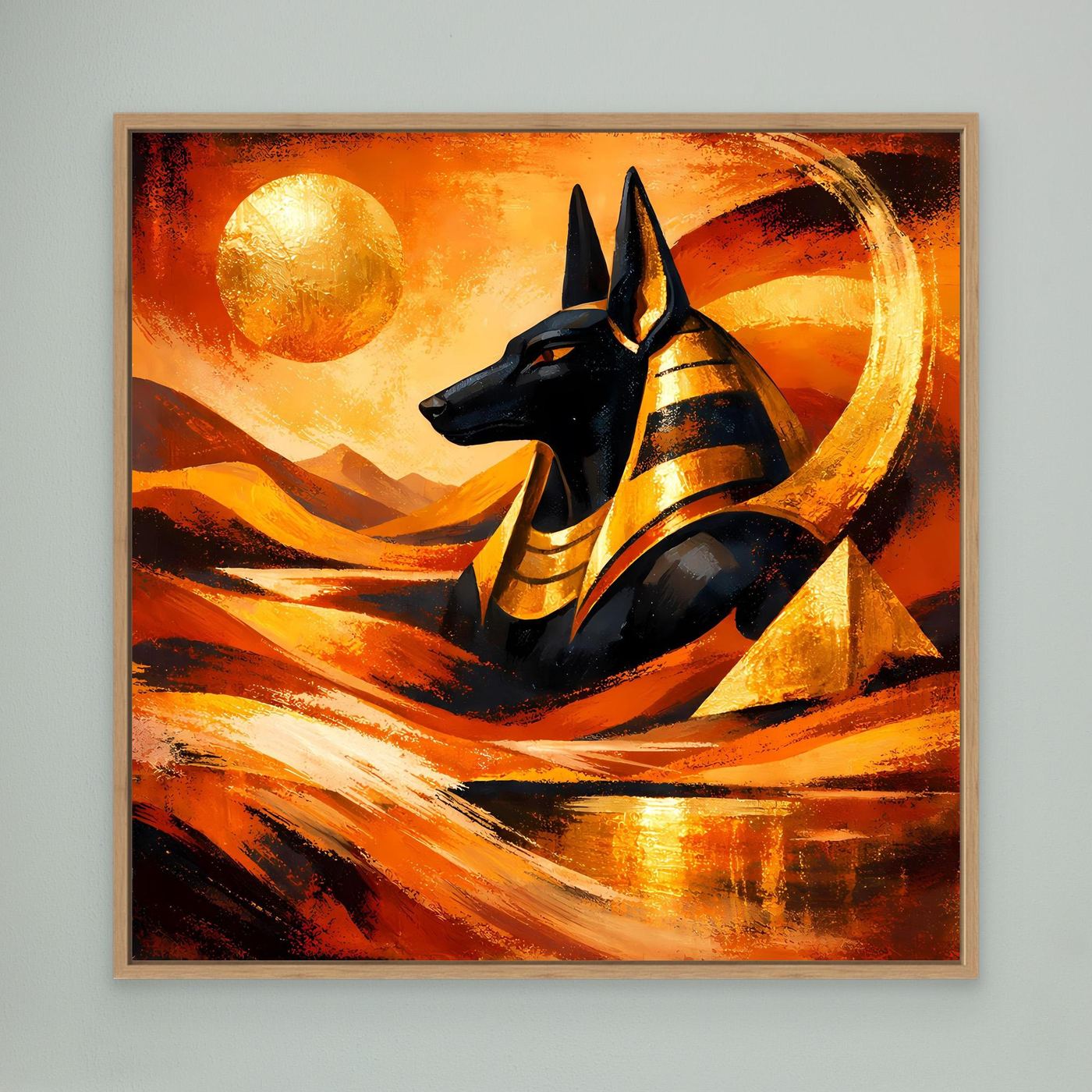Leinwandbild mit schwarzem Anubis und goldener Wüstenabstraktion, Eichenrahmen, Orange
