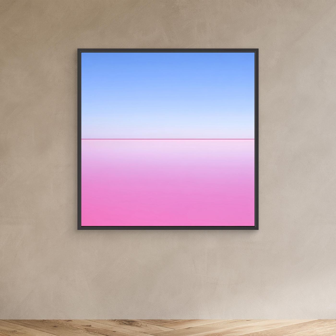 Leinwandbild mit abstraktem Horizont, Blau- und Rosatöne, schwarzer Rahmen