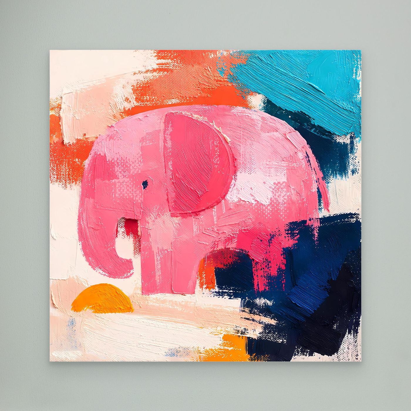 Abstract elephant wall painting with pink body and blue, orange, and white brushwork