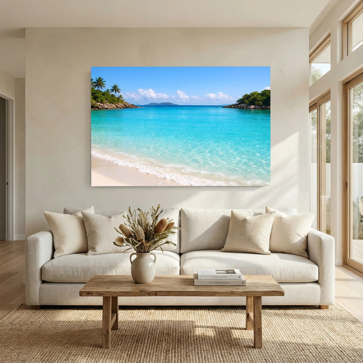 Querformatiges Strand-Wandbild mit türkisfarbenem Meer, Palmen und Sandstrand