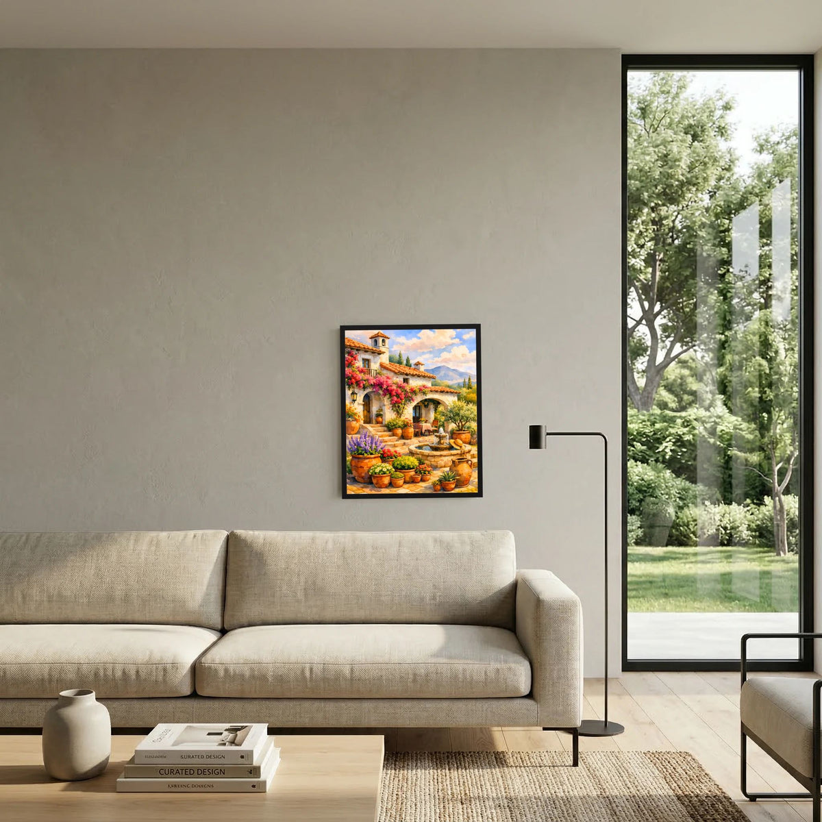 Kunstposter im Hochformat mit mediterranem Innenhof, Blumen, Töpfen und schwarzem Rahmen