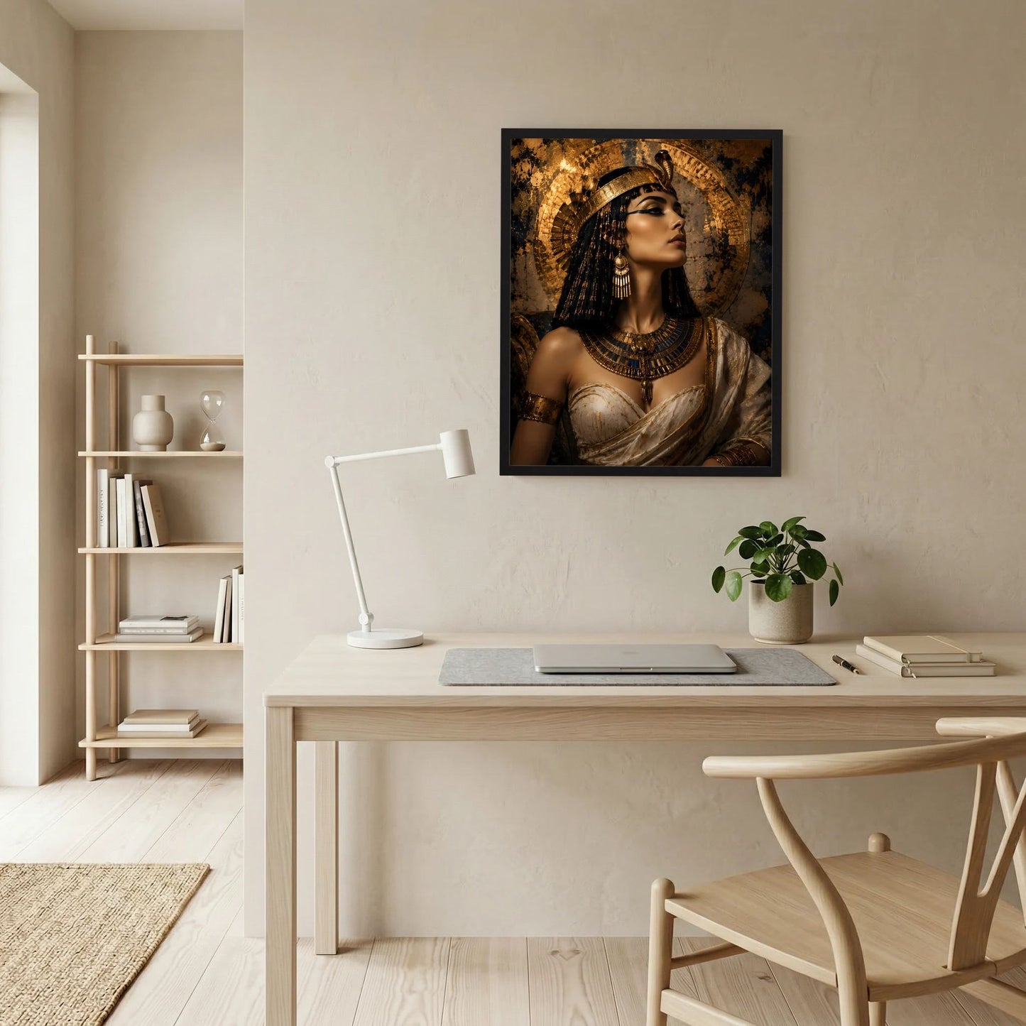 Gerahmtes Poster mit Porträt einer ägyptischen Königin, goldener Kopfschmuck und Umhang