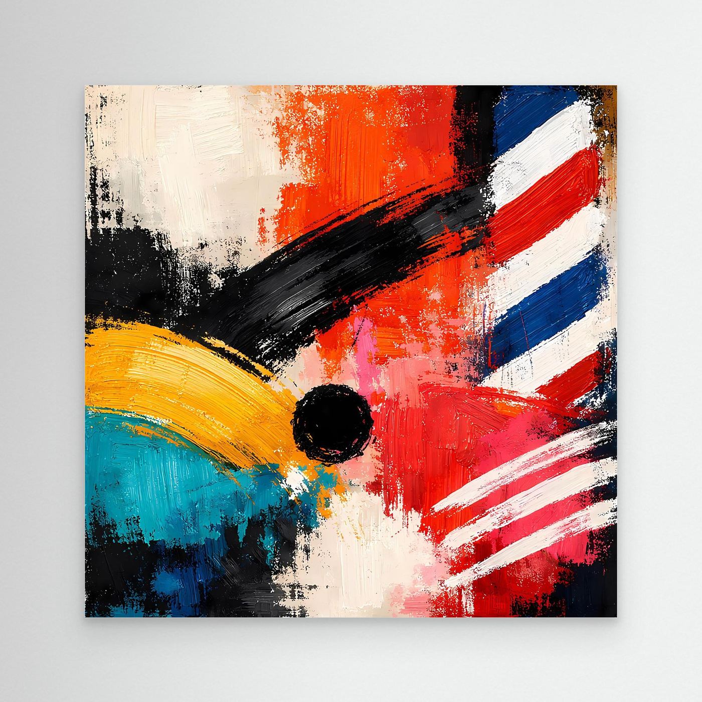 Abstract canvas wall art: red, blue, white stripes, black circle and brushstrokes