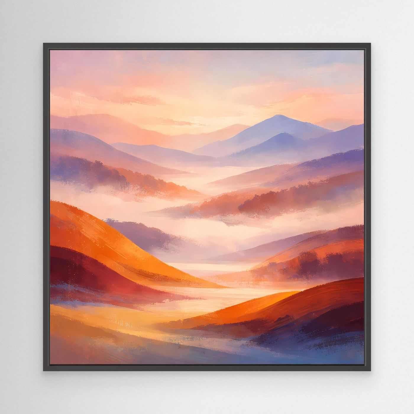 Leinwandbild Berglandschaft in Pastell mit orangefarbenen Hügeln und schwarzem Rahmen
