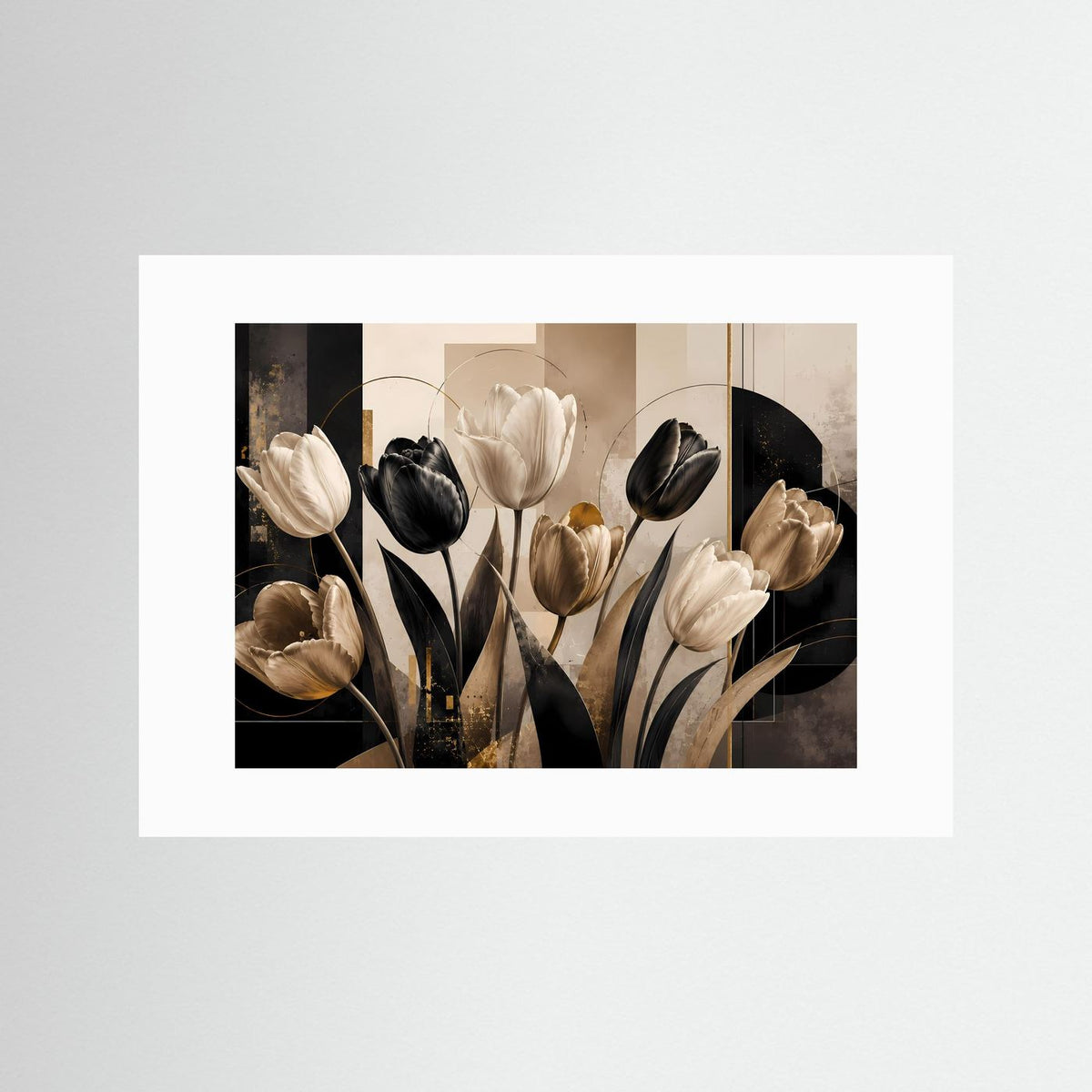 Poster im Querformat mit abstrakten Tulpen, schwarz, cremefarben und goldfarbenen Akzenten