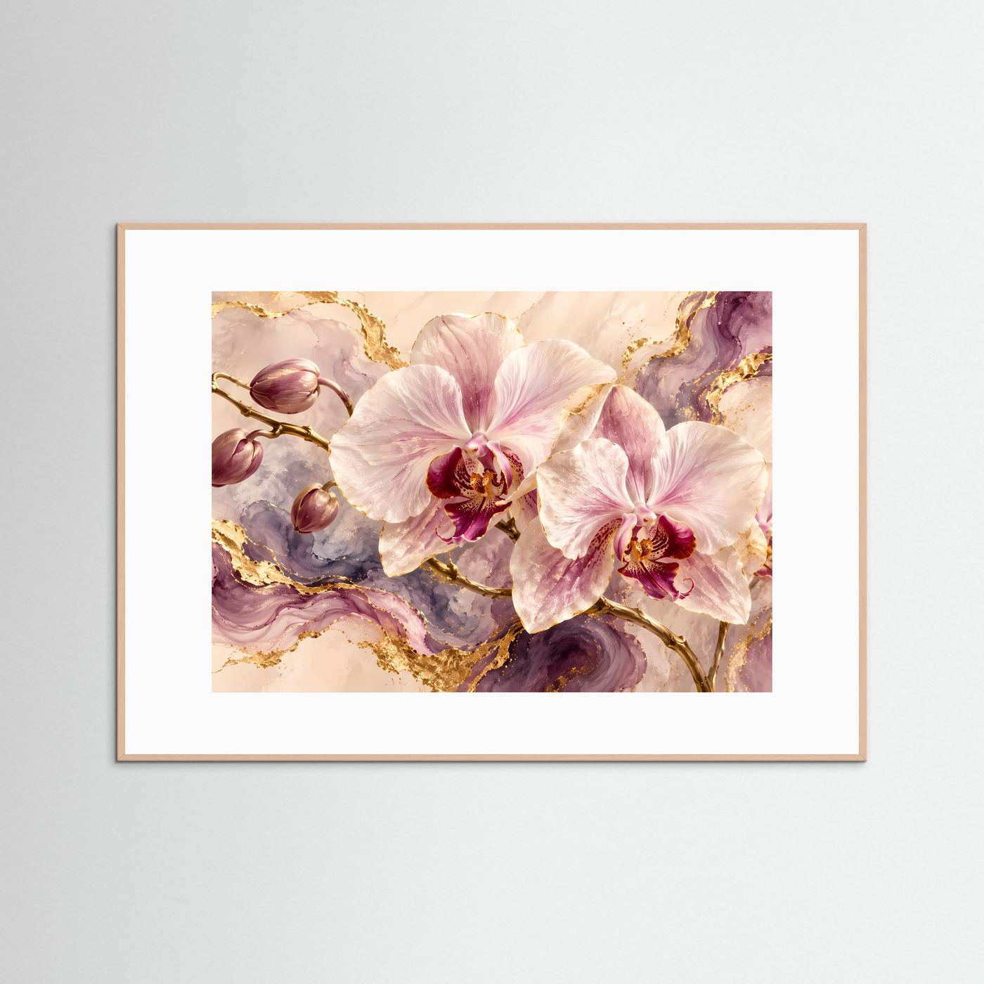 Querformat-Poster mit Orchideen und Goldmarmor, beiger Holzrahmen