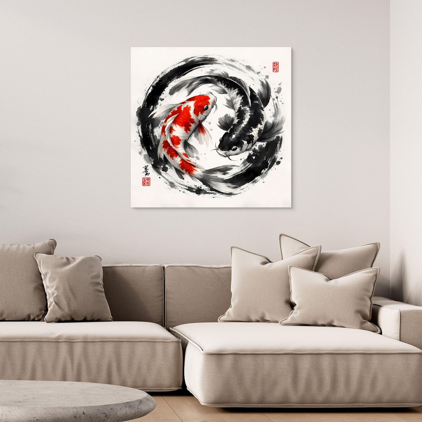 Leinwandbild mit Koi-Yin-Yang-Motiv: roter und schwarzer Karpfen im Kreis, ohne Rahmen.