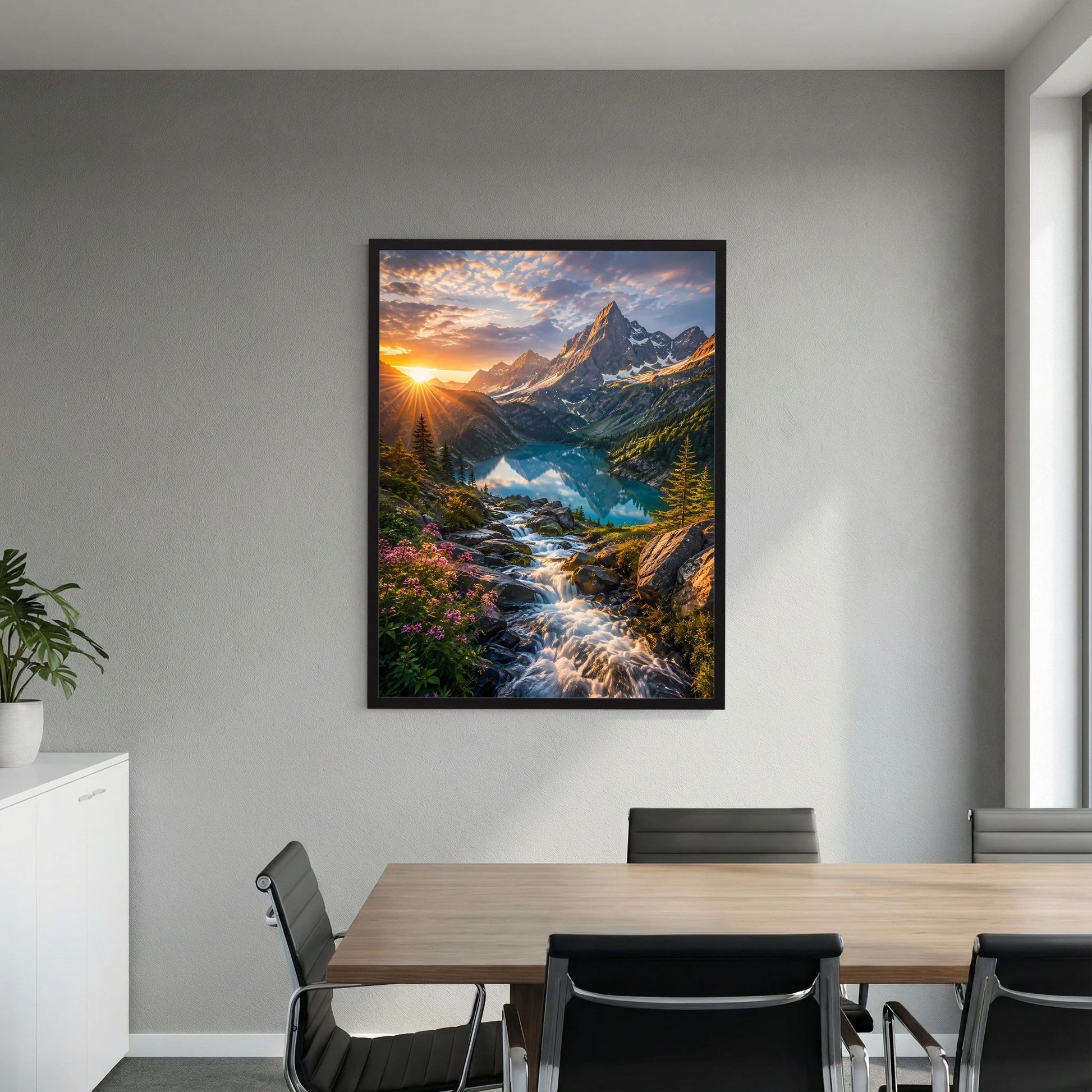 Gerahmtes Poster an der Wand: Berge, rauschender Wasserlauf und Sonnenuntergang