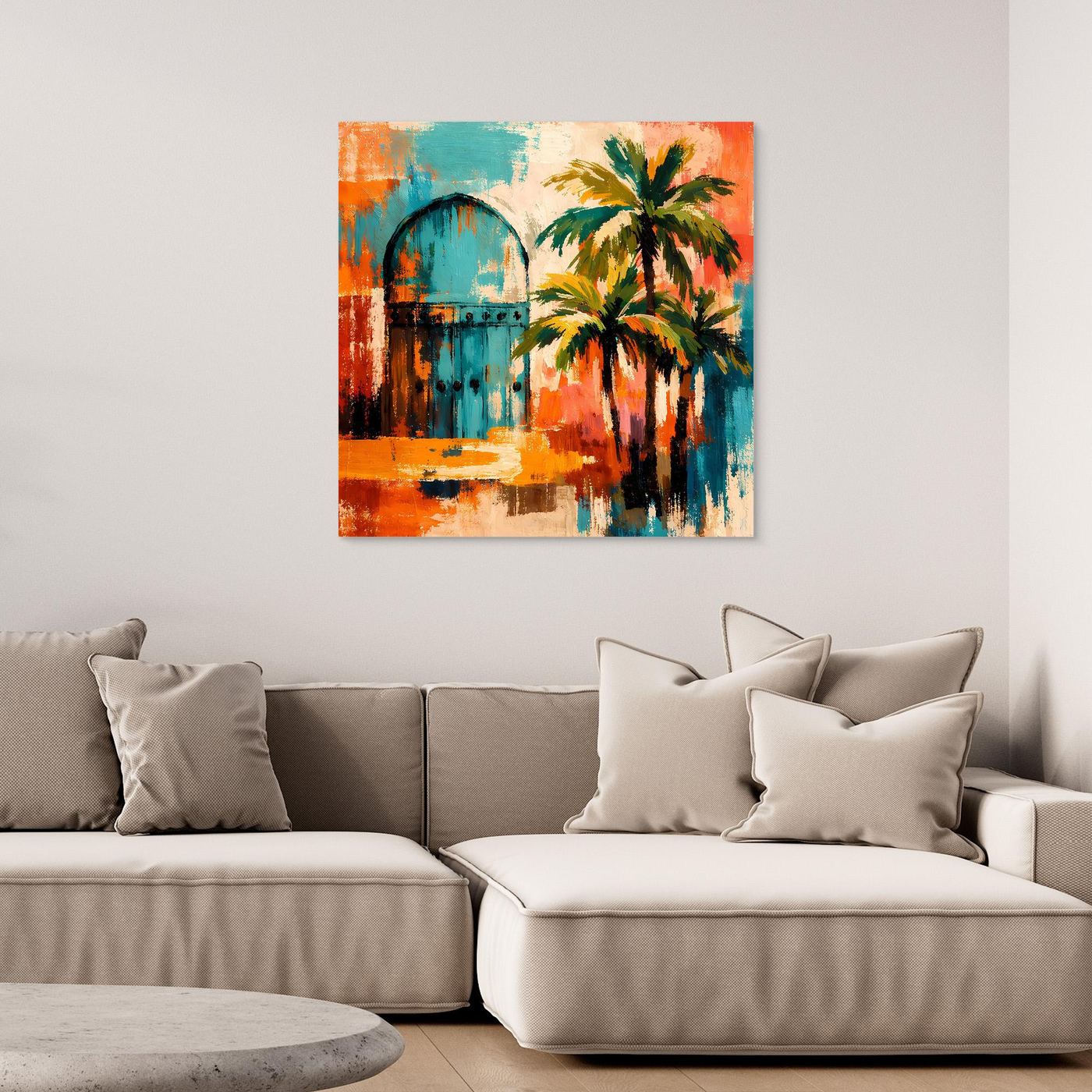 Abstraktes Wandbild mit Palmen und Bogenmotiv in Orange, Blau und Türkis