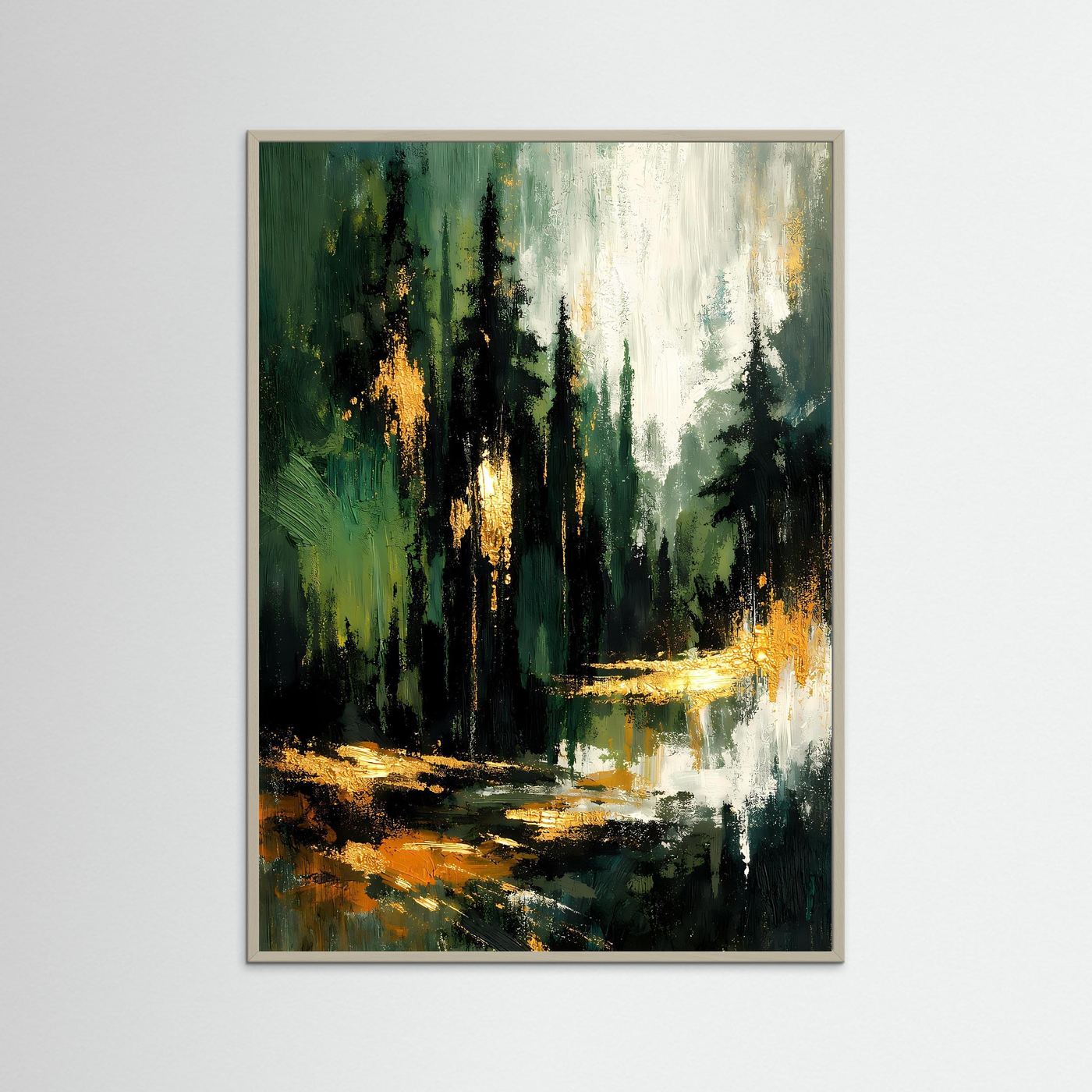 Hochformatiges Poster im grauen Rahmen mit abstraktem Tannenwald, smaragdgrün und goldfarbenen Lichtern