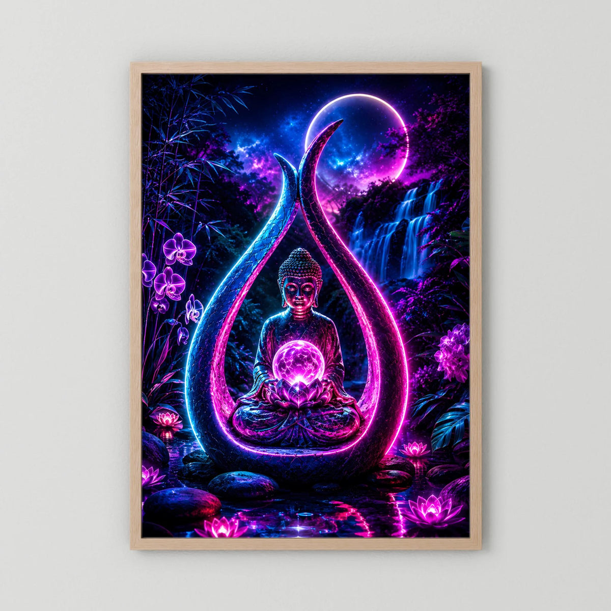 Neon-Poster im Hochformat: meditierender Buddha mit Lotus, Holzrahmen