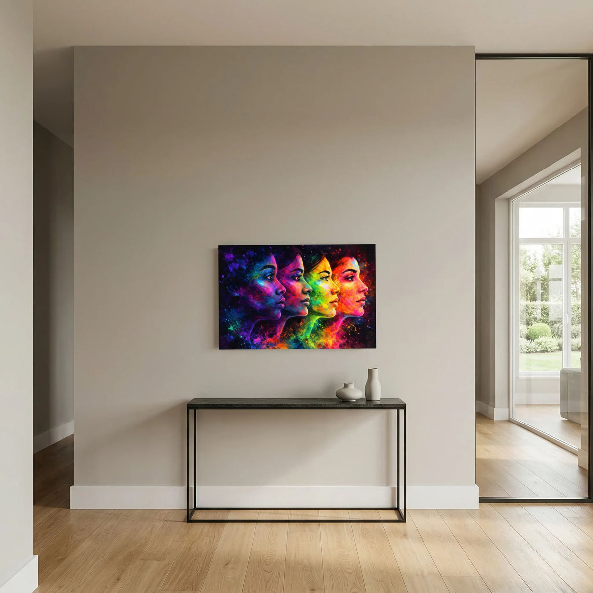 Wandbild im Querformat auf Wand hinter Konsole: vier farbige Porträtprofile im Farbnebel
