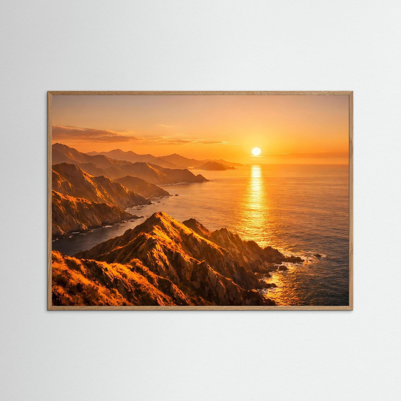 Wandbild mit Sonnenuntergang über Küstenfelsen, beigefarbener Rahmen