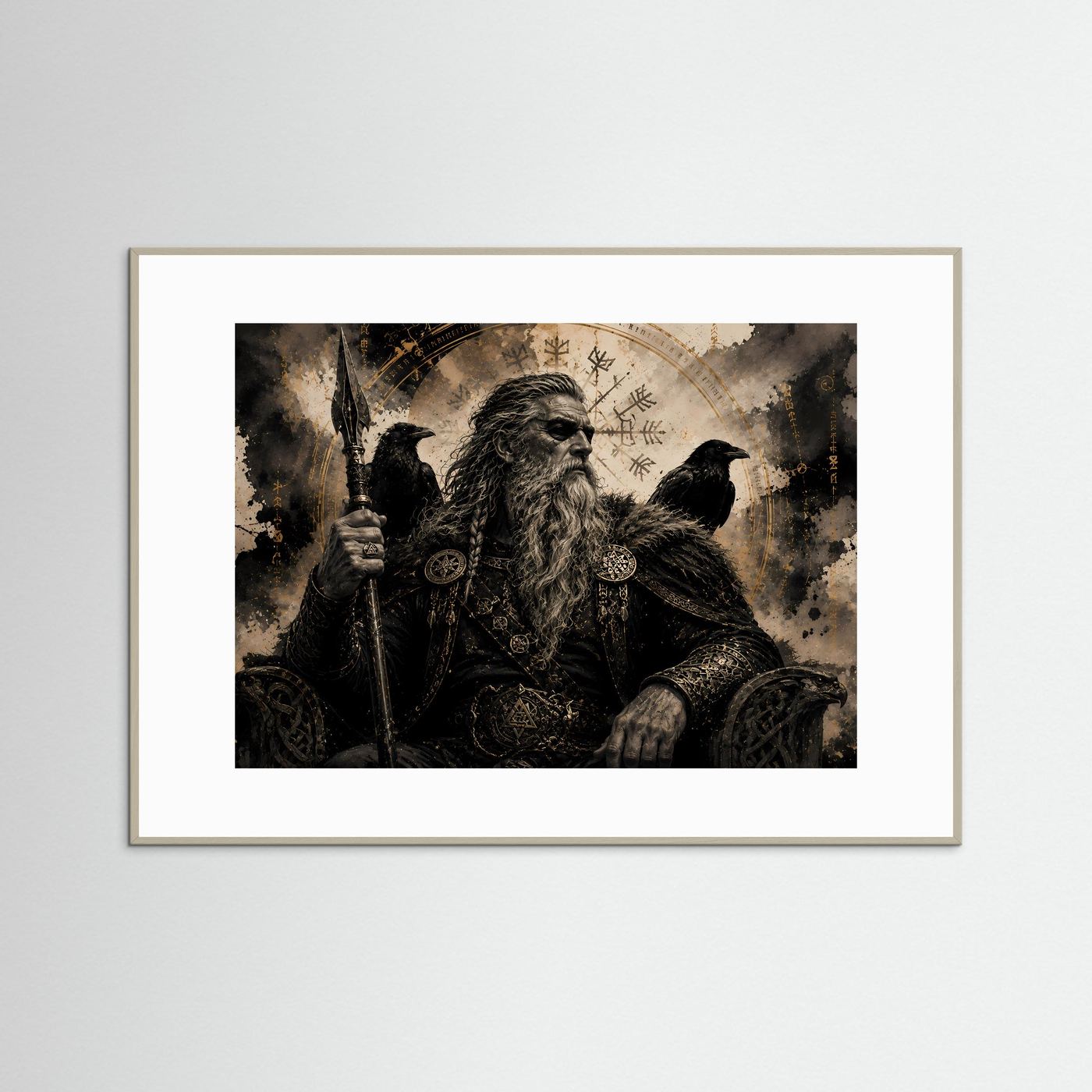 Querformat-Poster: bärtiger Rabenkrieger mit Speer, Runen und Rabe, Sepia, heller Holzrahmen