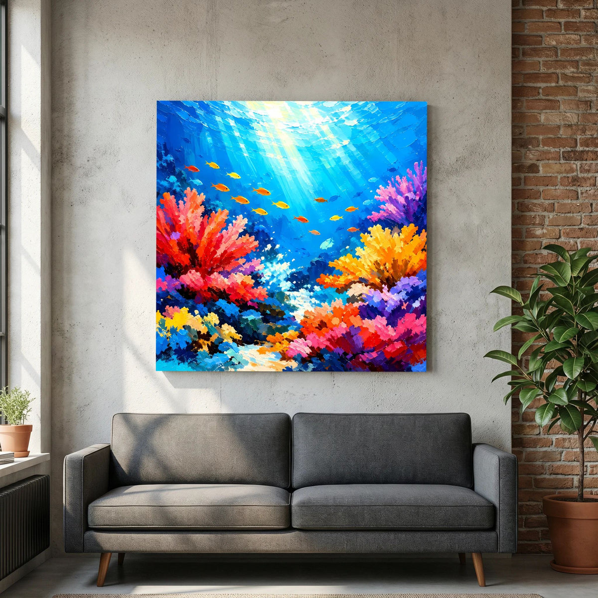 Quadratisches Leinwandbild mit Unterwasser-Korallenriff, bunten Fischen und kräftigen Korallenfarben