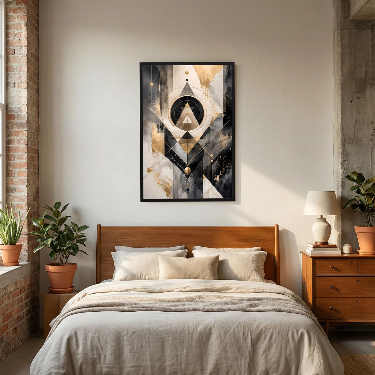 Abstraktes Kunstposter im Hochformat mit geometrischer Ornamentik in Schwarz, Gold und Beige, schwarzer Rahmen.