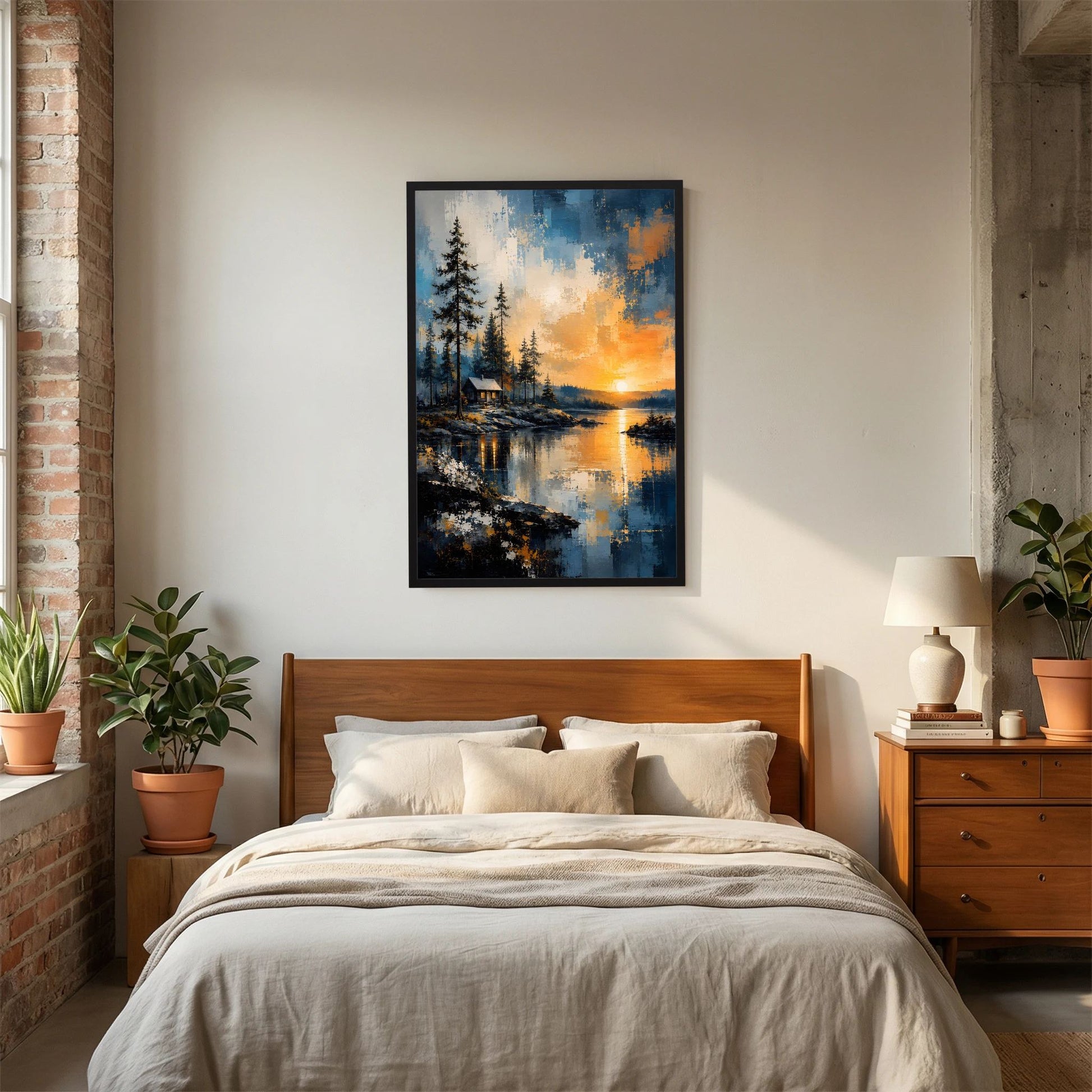 Naturposter mit abstrakter Waldlandschaft, Hütte am Wasser und Sonnenuntergang über dem Bett, schwarz
