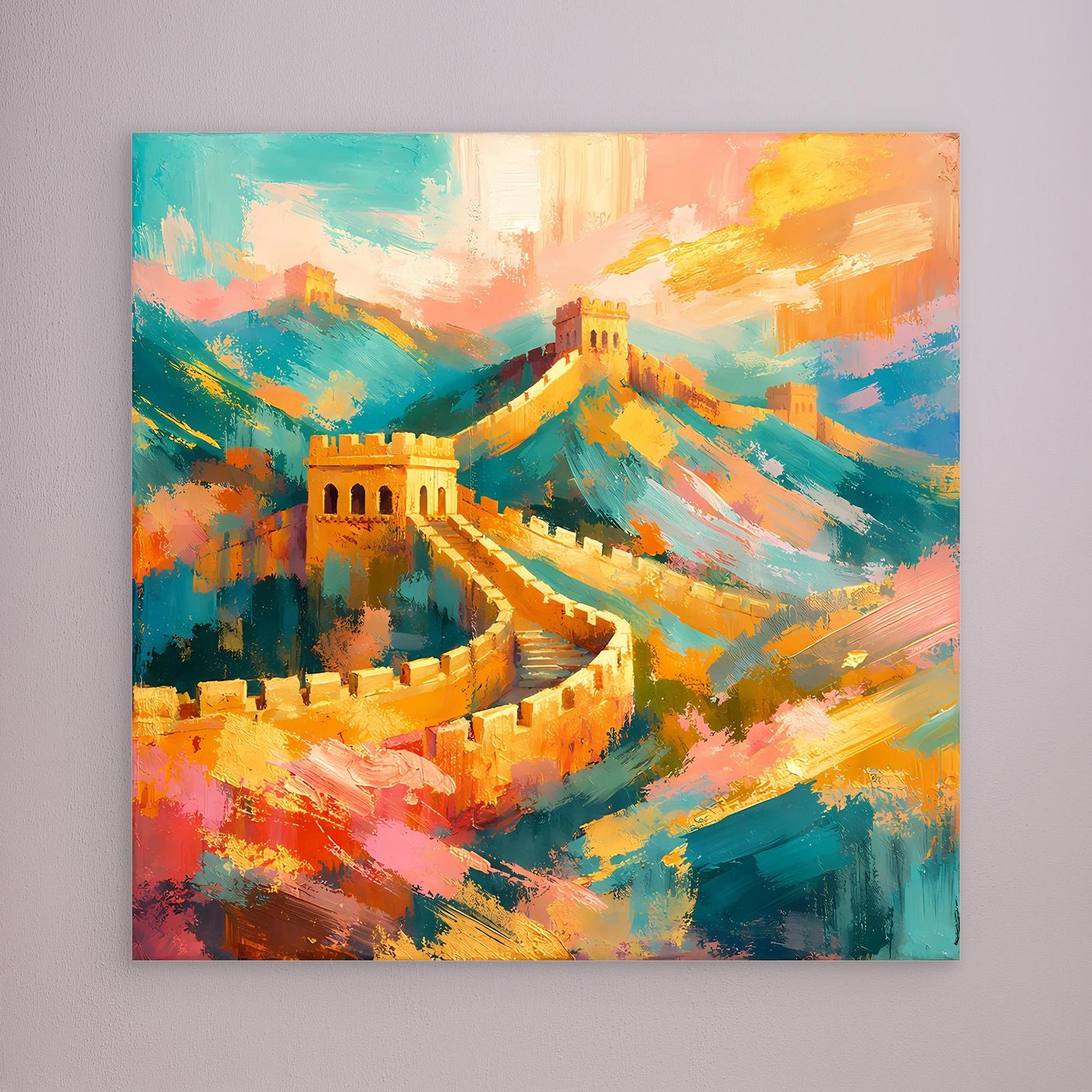 Leinwandbild mit abstrakter Chinesischer-Mauer-Optik in Türkis, Gelb und Orange ohne Rahmen