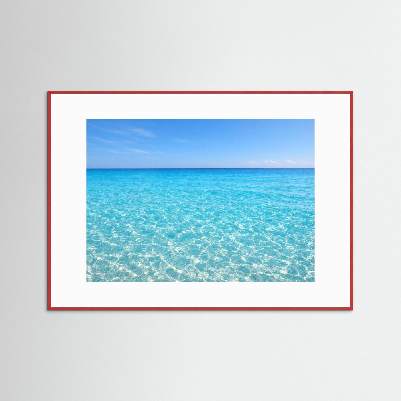 Wandposter mit Meerblick im hellen Rahmen mit roter Einfassung