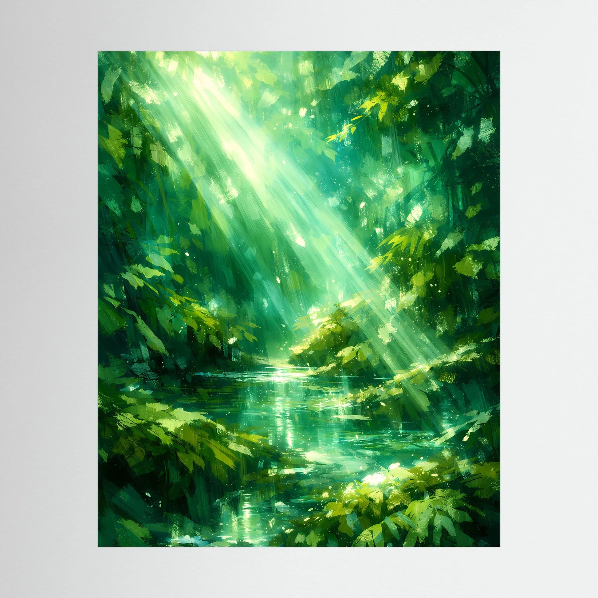Hochformat-Poster mit grünem Waldsee und Sonnenstrahlen, ohne Rahmen