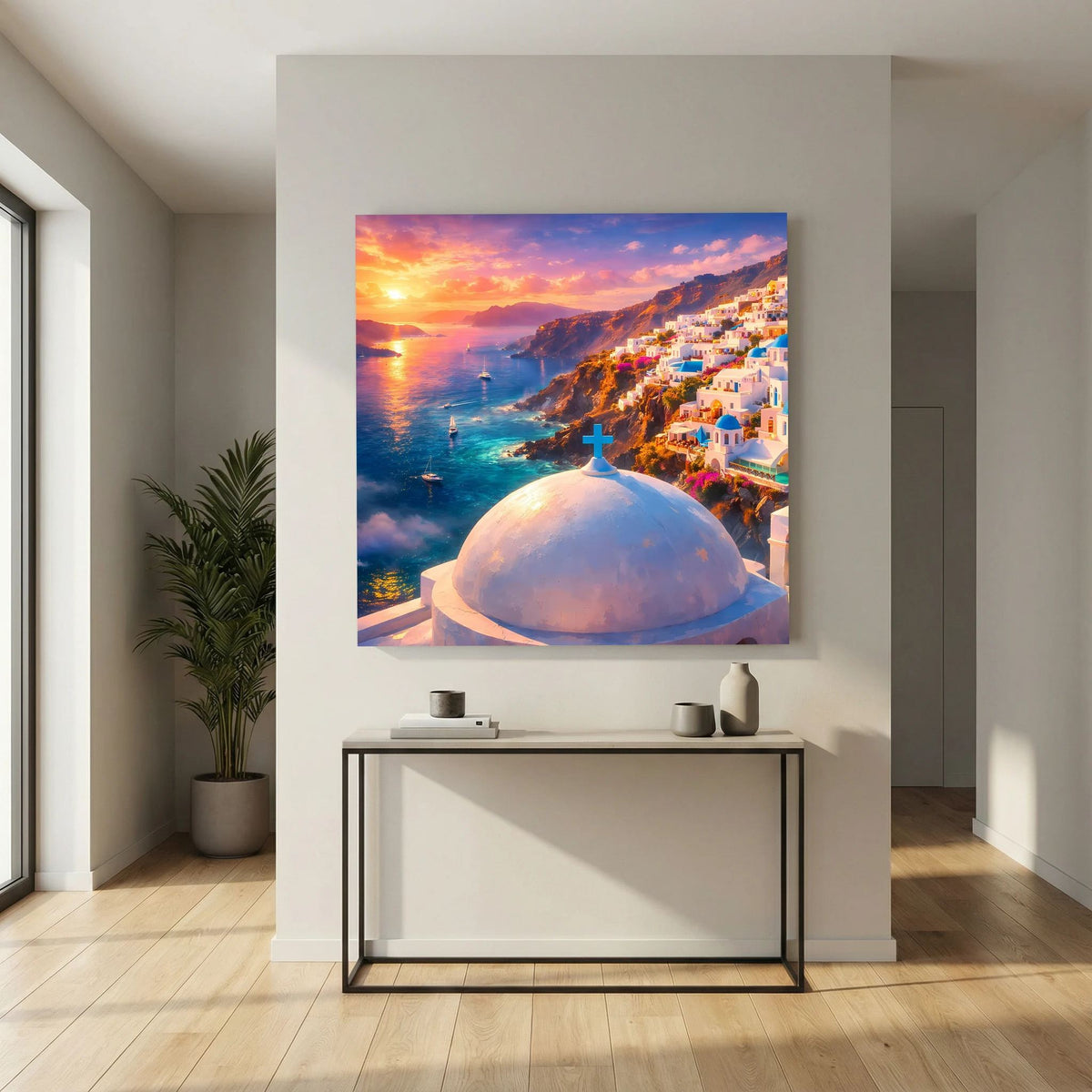 Leinwandbild mit Kuppel und Kreuz, Blick auf Küste und Meer, Sonnenuntergang, blauer Rand