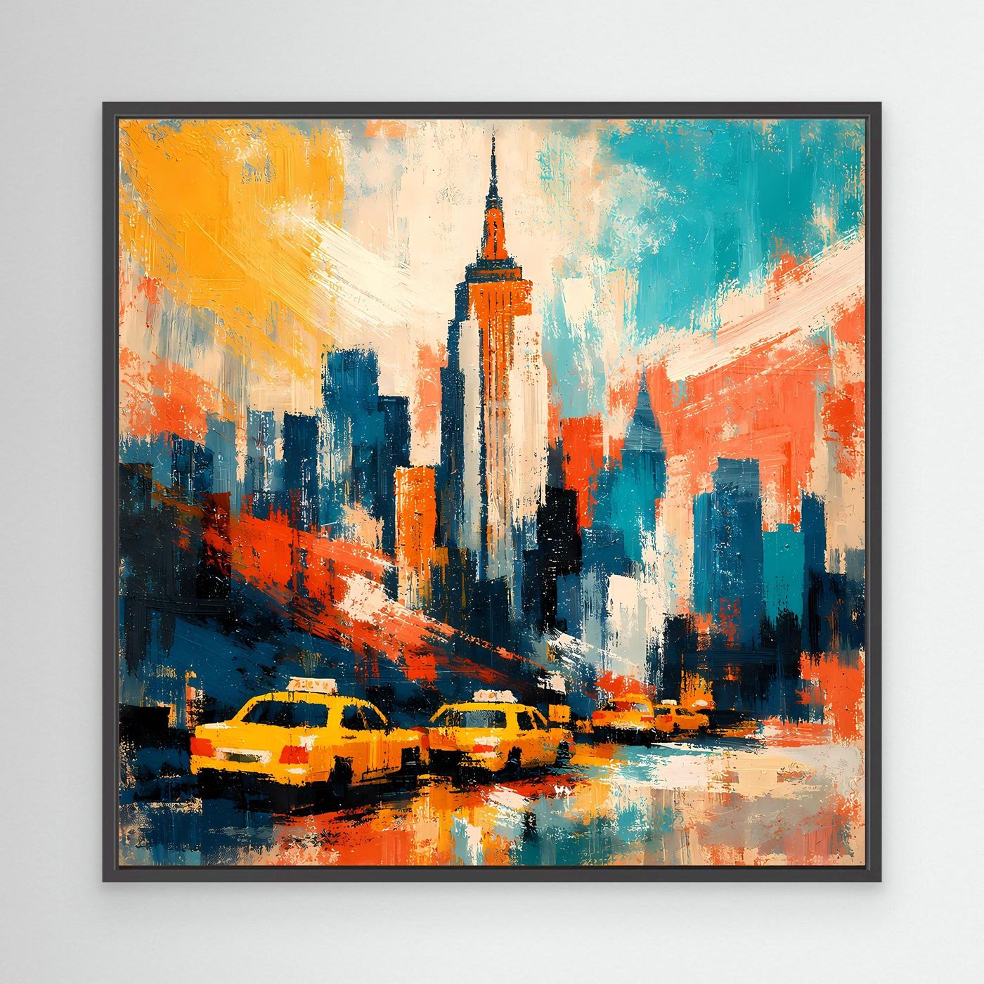 Gerahmtes abstraktes Wandbild mit New-York-Skyline, gelben Taxis und Wolkenkratzern in Blau/Orange.