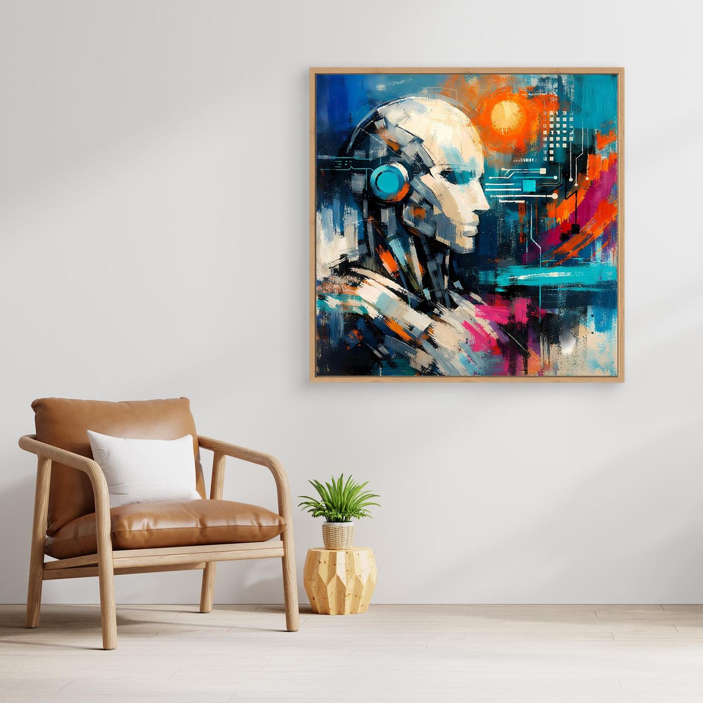 Abstract cybernetic mind wall art print with robot face, blue and orange, oak frame