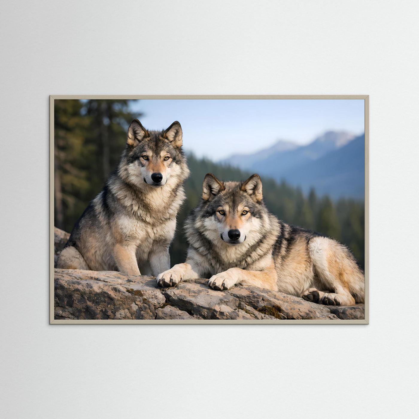 Wolfspaar-Poster mit hellem Rahmen: zwei Wölfe auf Felsen in Berglandschaft